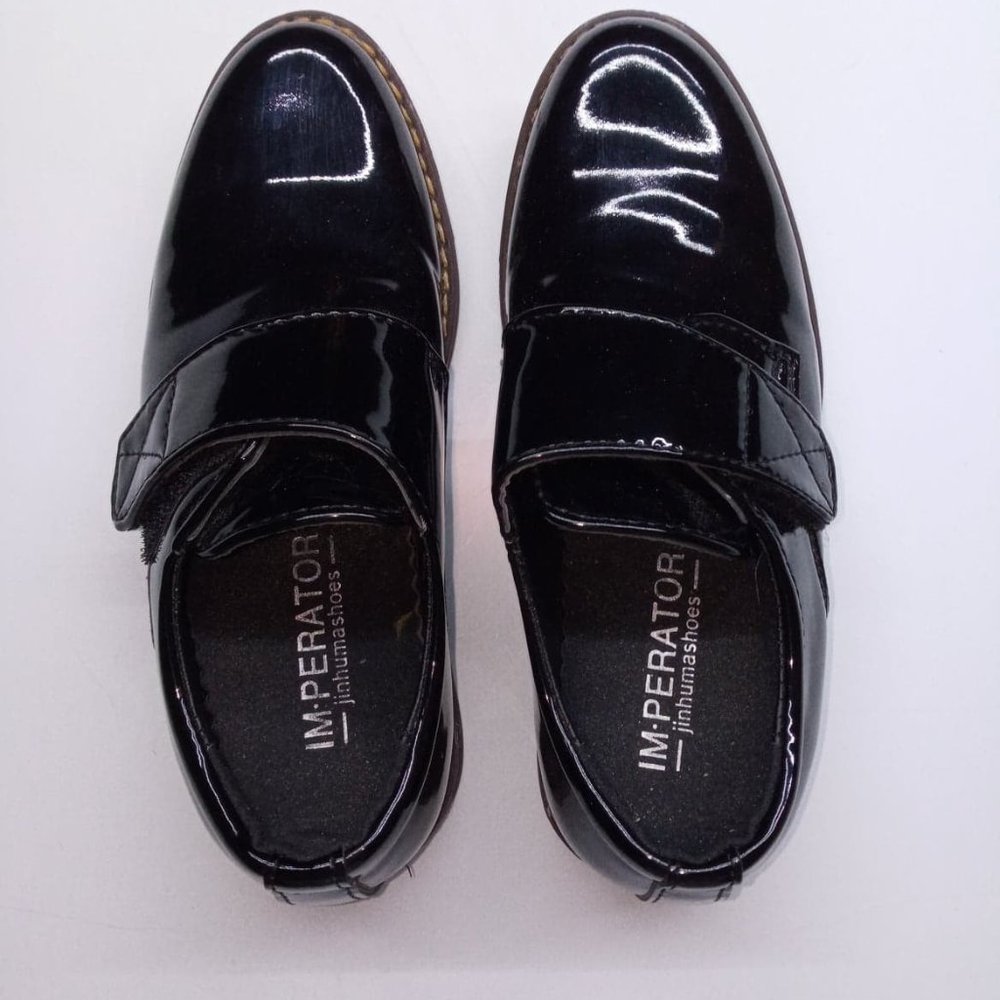 Boys Flat Oxfords, First Walker, Patent Leather Black with Velcro Fasteners.